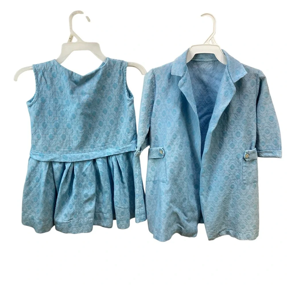 VTG Kids Blue Textured Brocade Dress‎ & Blazer Coat Set Girl 5-6 years handmade